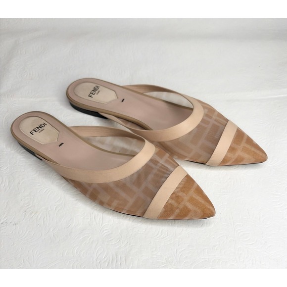 Fendi Shoes - Fendi Colibrì FF Mesh Pointed-Toe Flat Mules Nude Leather‎ EU 36 / US 6